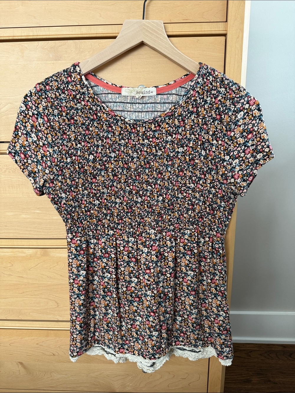 Rewind Floral Smocked Top Blouse Shirt with Lace Trim
